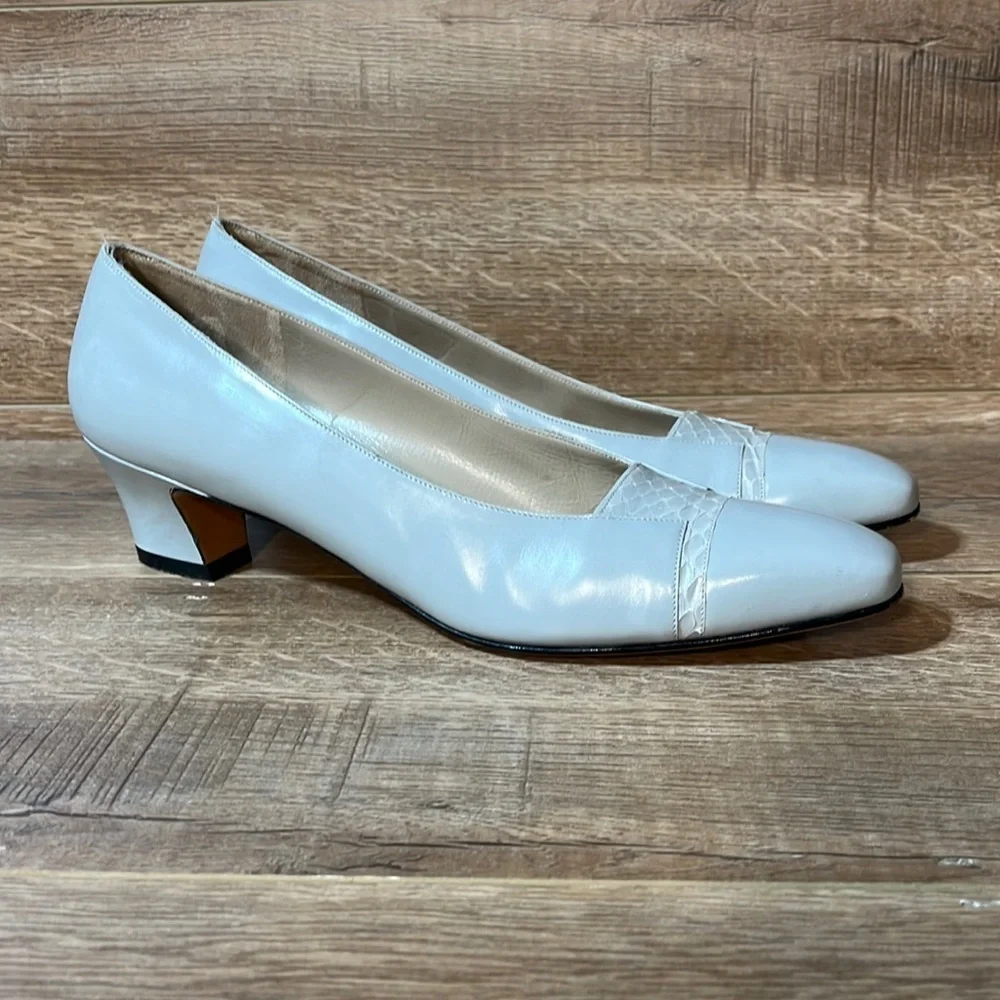 Salvatore Ferragamo Pump‎ Block Heel Retro Gray Snakeskin Square Toe Cap Shoes